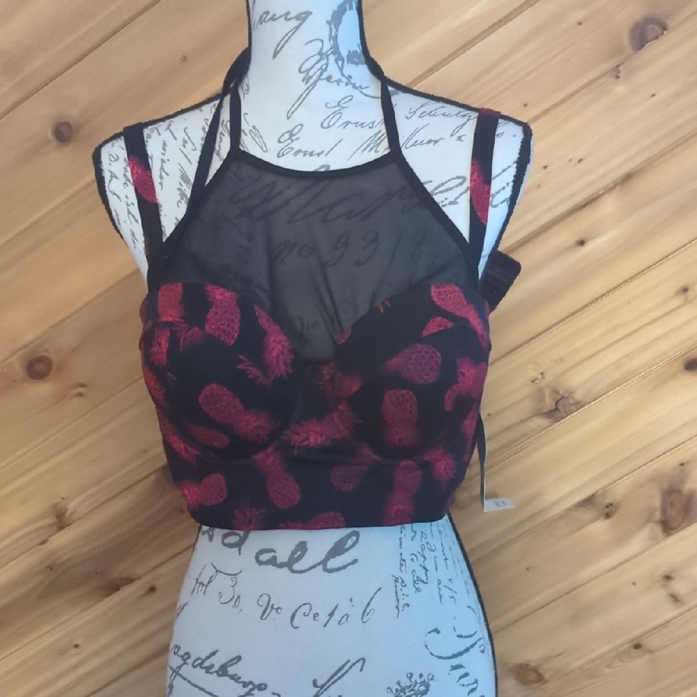 Torrid Black and Pink Pineapple Mesh Bikini Top